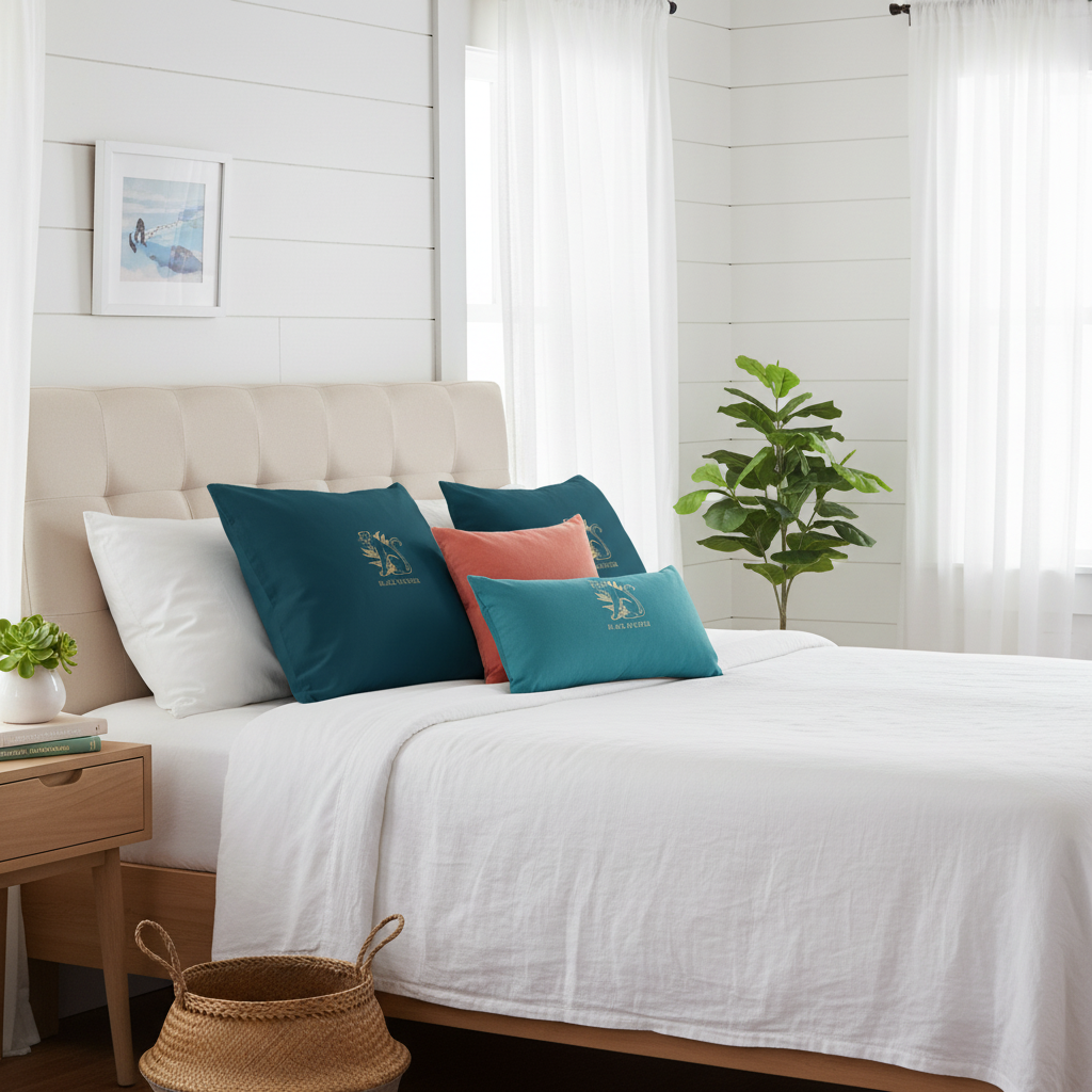 Coastal bedroom with teal and gold Black Panther pillows showing panther clearly, turquoise and coral pillows, white bedding, coastal art, plants, cozy beach house