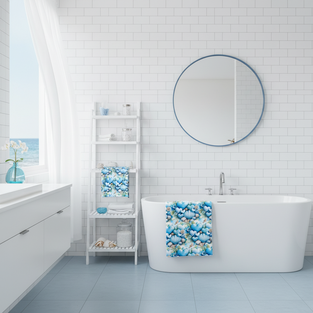 Coastal Hearts beach towel in modern bathroom