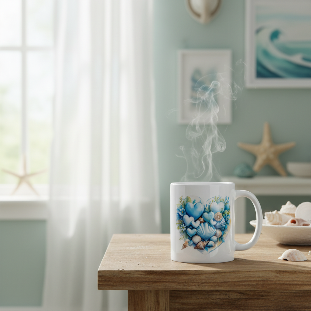 Coastal Hearts mug with sheer curtains