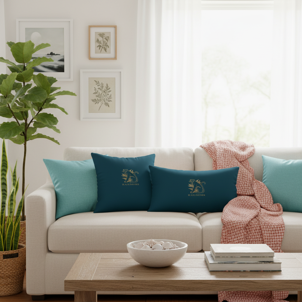 Coastal living room with teal and gold Black Panther pillows on cream sofa showing panther clearly, turquoise accents, coral throw, beach house aesthetic