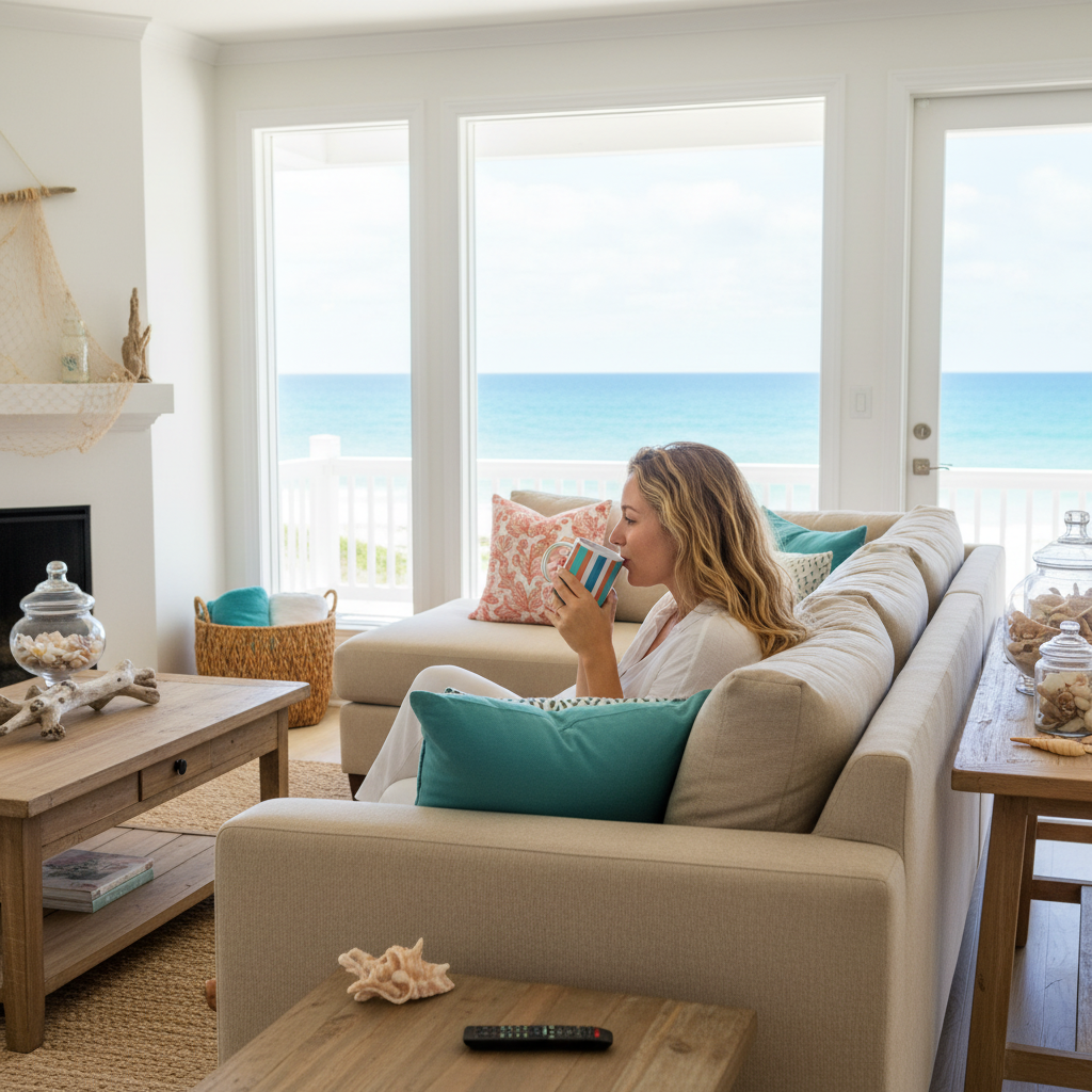Coastal living room interior with turquoise and coral accents featuring colorful striped mug - beach house aesthetic and vibrant home décor