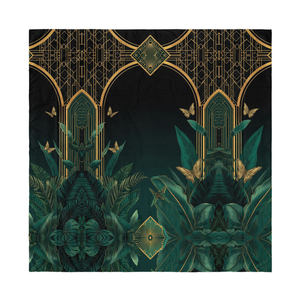  Luxurious Emerald Plants comforter with tropical leaves and gold arches. Stunning emerald green bedding for elegant jungle-inspired bedroom.