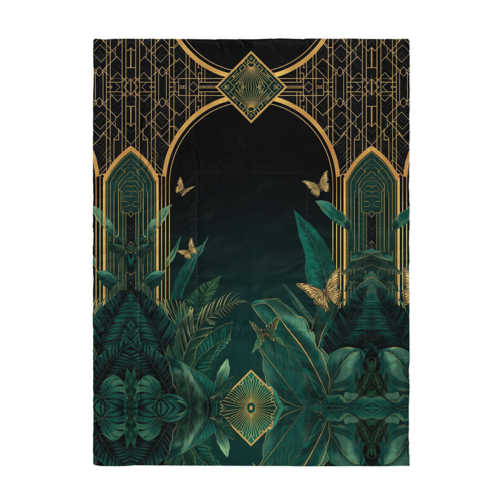  Luxurious Emerald Plants comforter with tropical leaves and gold arches. Stunning emerald green bedding for elegant jungle-inspired bedroom.