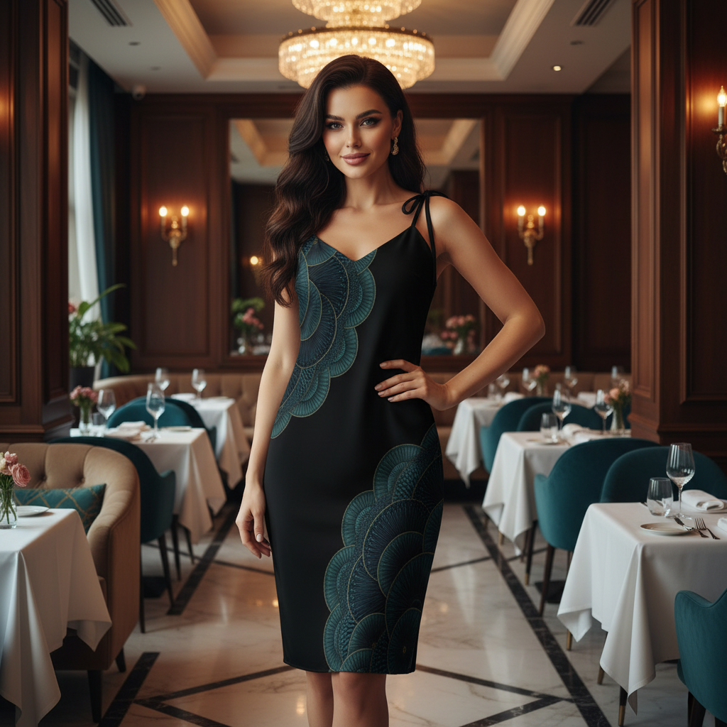 Confident long-haired woman in elegant black dress with teal geometric scalloped design in chic upscale restaurant interior, elegant decor, sophisticated ambiance, warm lighting, positive radiant confident energy