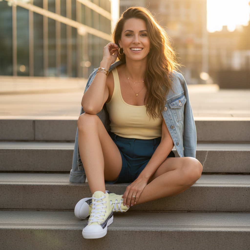 Confident long-haired woman in teal shorts yellow tank denim jacket with yellow high-tops