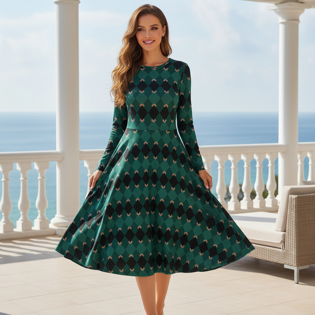 Confident long-haired woman wearing elegant emerald green mosaic long sleeve midi dress with diamond pattern and coral pink accents on luxurious coastal terrace with ocean view, white architecture, elegant outdoor furniture, natural sunlight, positive radiant energy