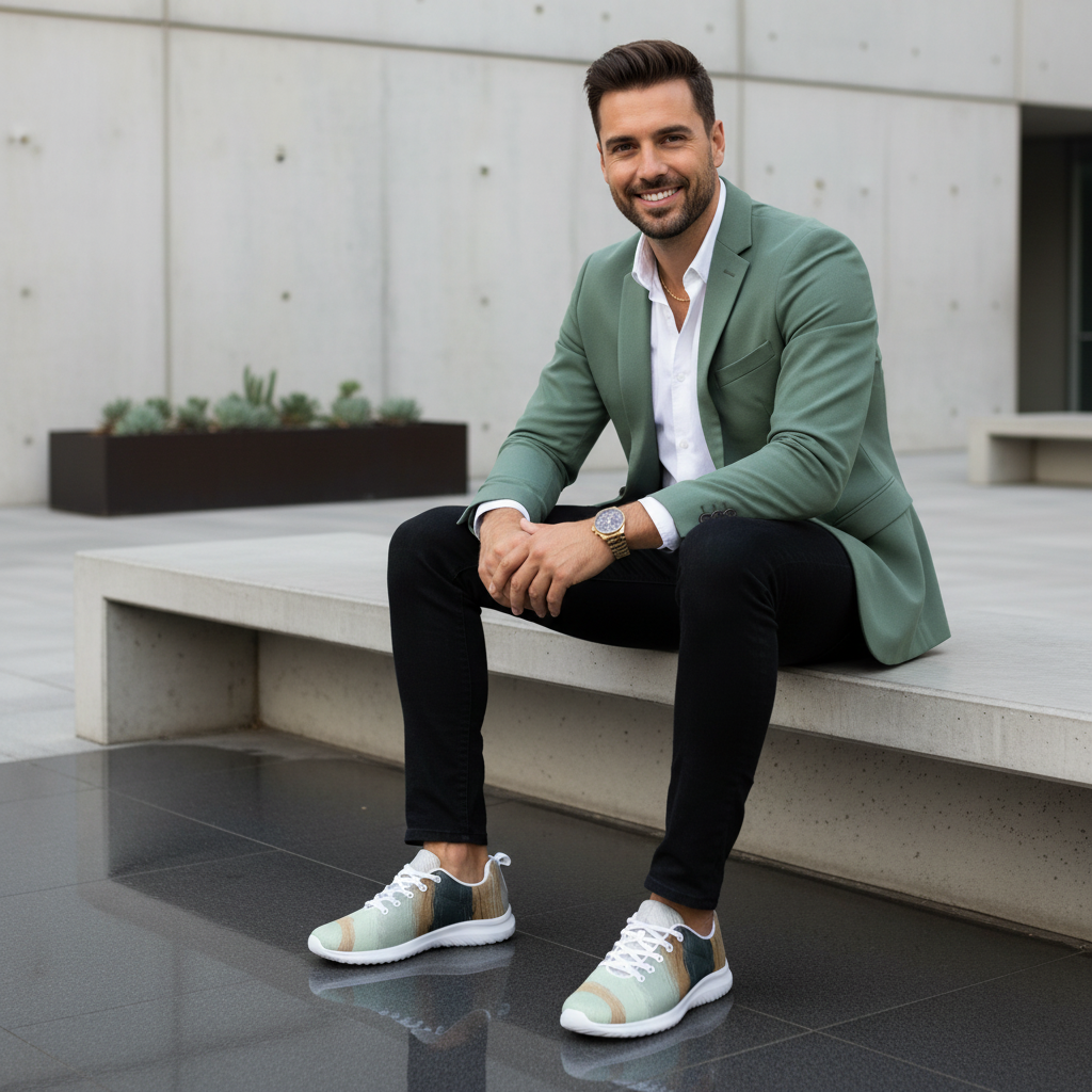 Confident man sitting with white shirt and mint blazer with mint gold black wave shoes prominent