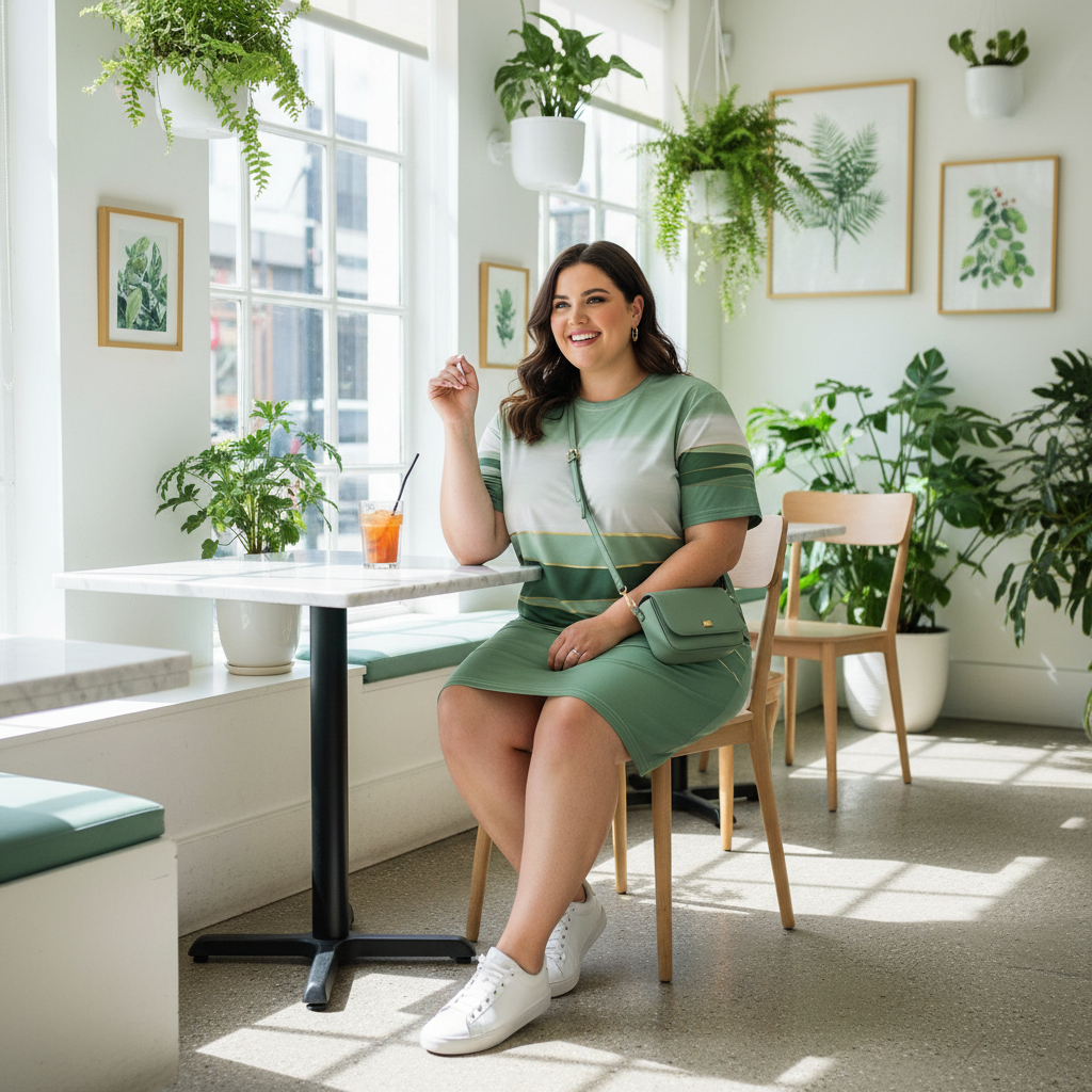 Confident plus-size woman in striped dress with white sneakers and green bag in sunny restaurant