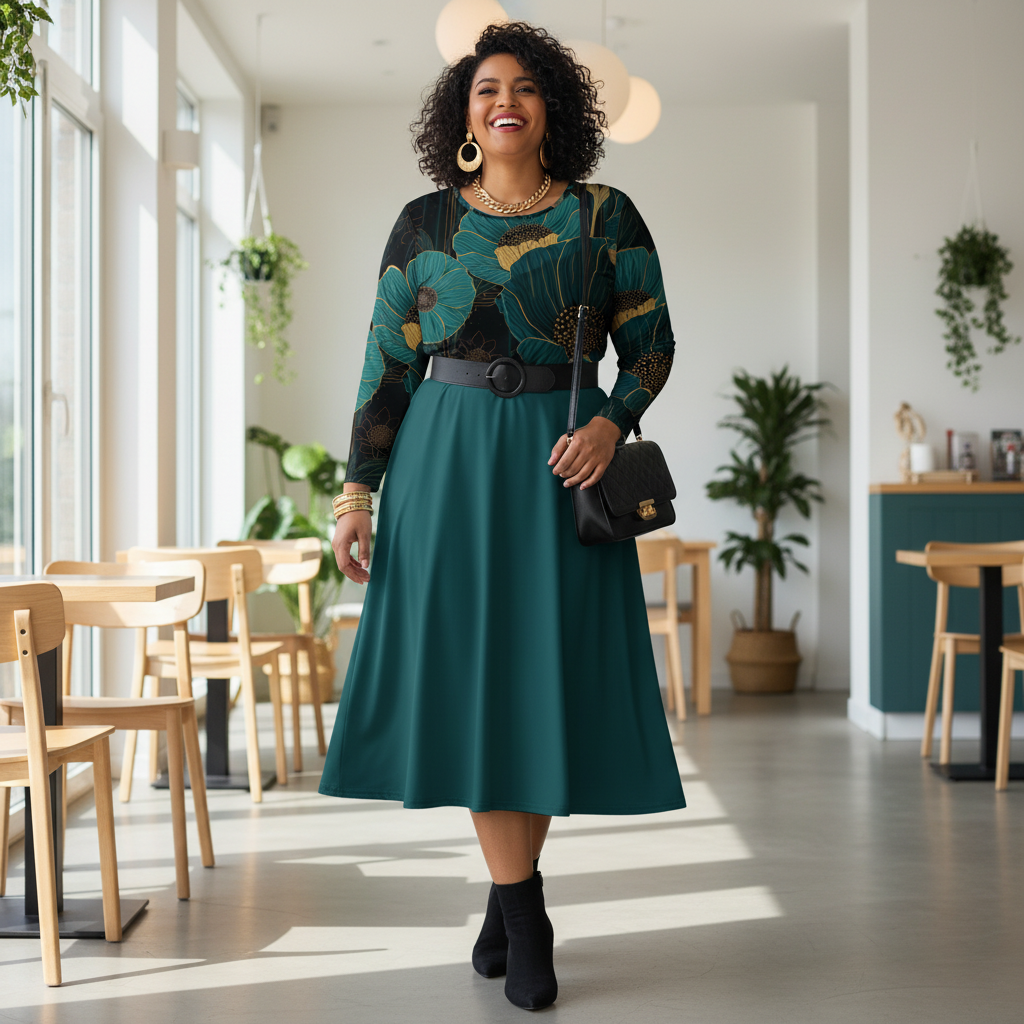 Confident plus size woman in teal dress with boots and bag
