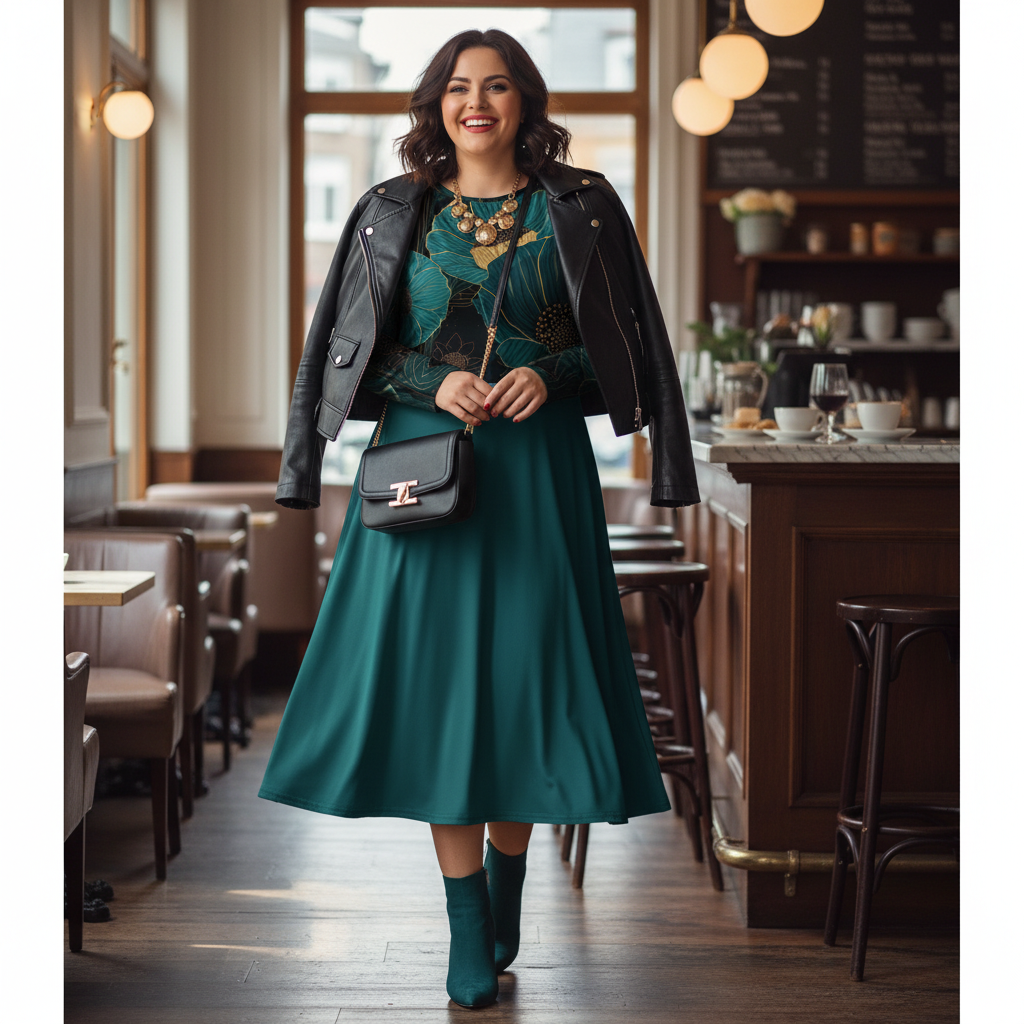 Confident plus size woman in teal dress with leather jacket