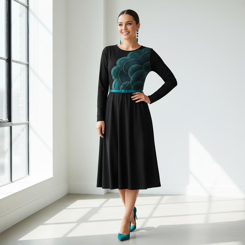 Confident woman in black midi dress with teal art deco pattern styled with teal drop earrings, teal belt, teal shoes in bright modern space