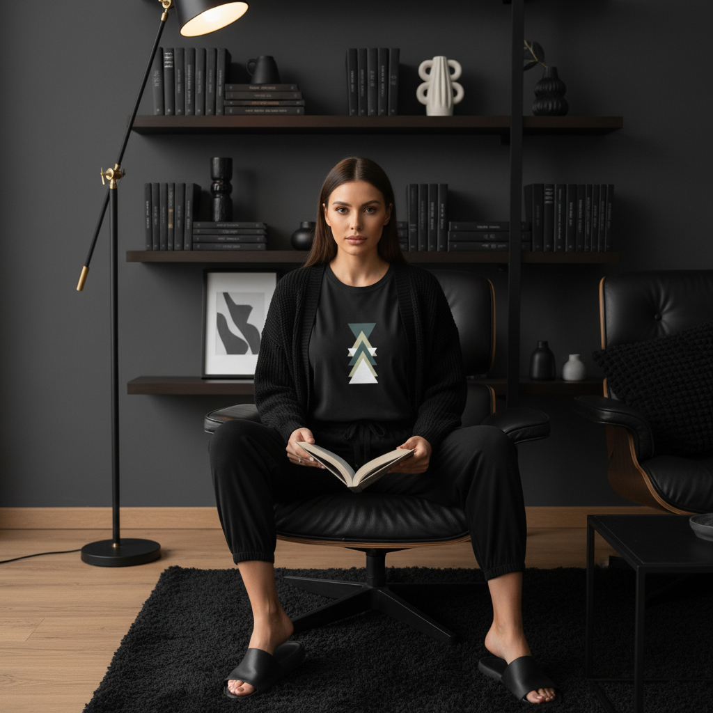 Confident woman in black monochrome outfit with triangle tee in moody dark-toned living room interior