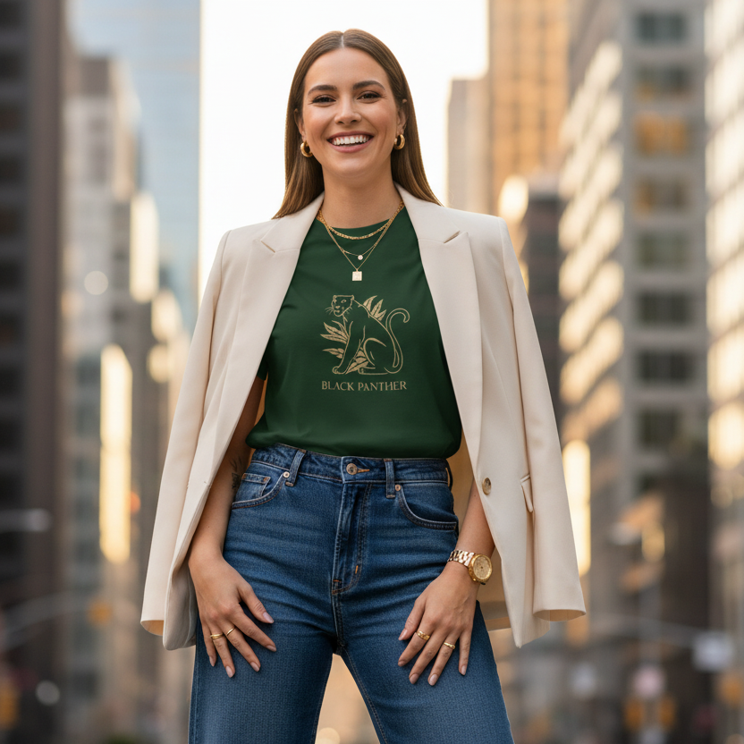Confident woman in forest green Black Panther t-shirt with modern elegant blazer outfit