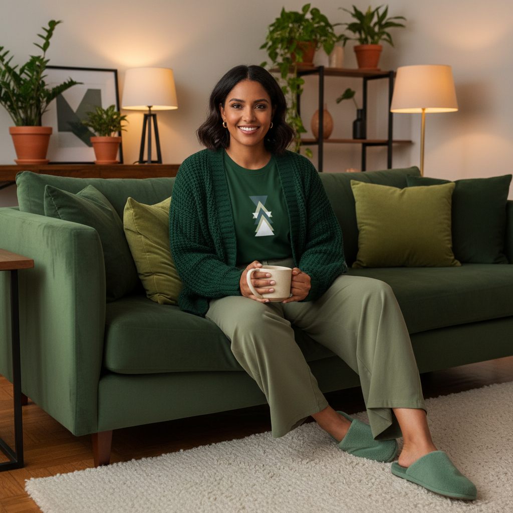 Confident woman in forest green monochrome outfit with triangle tee in warm green-toned living room interior