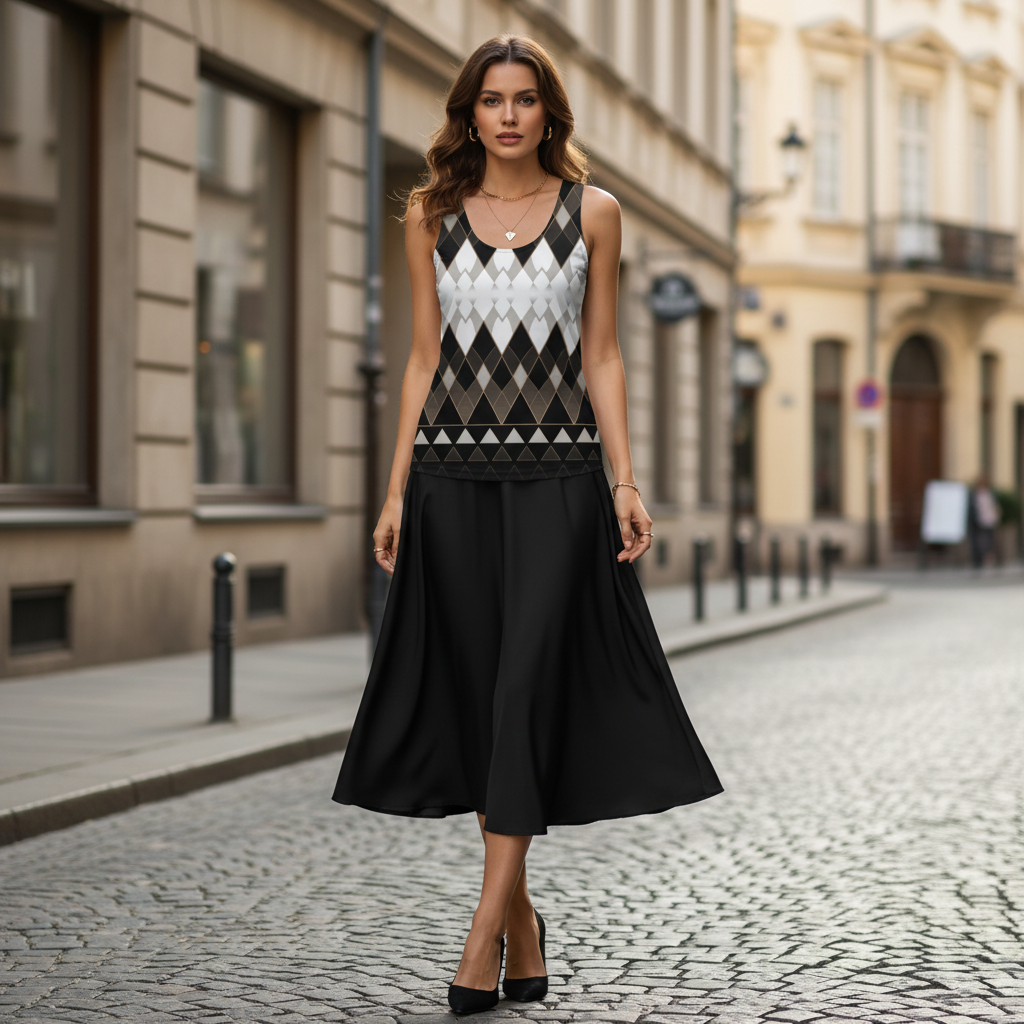 Confident woman in geometric tank top with elegant black midi skirt