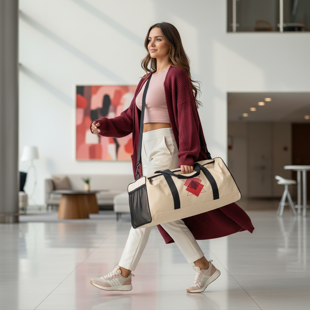 Confident woman in pink athleisure and burgundy cardigan with geometric squares duffle bag