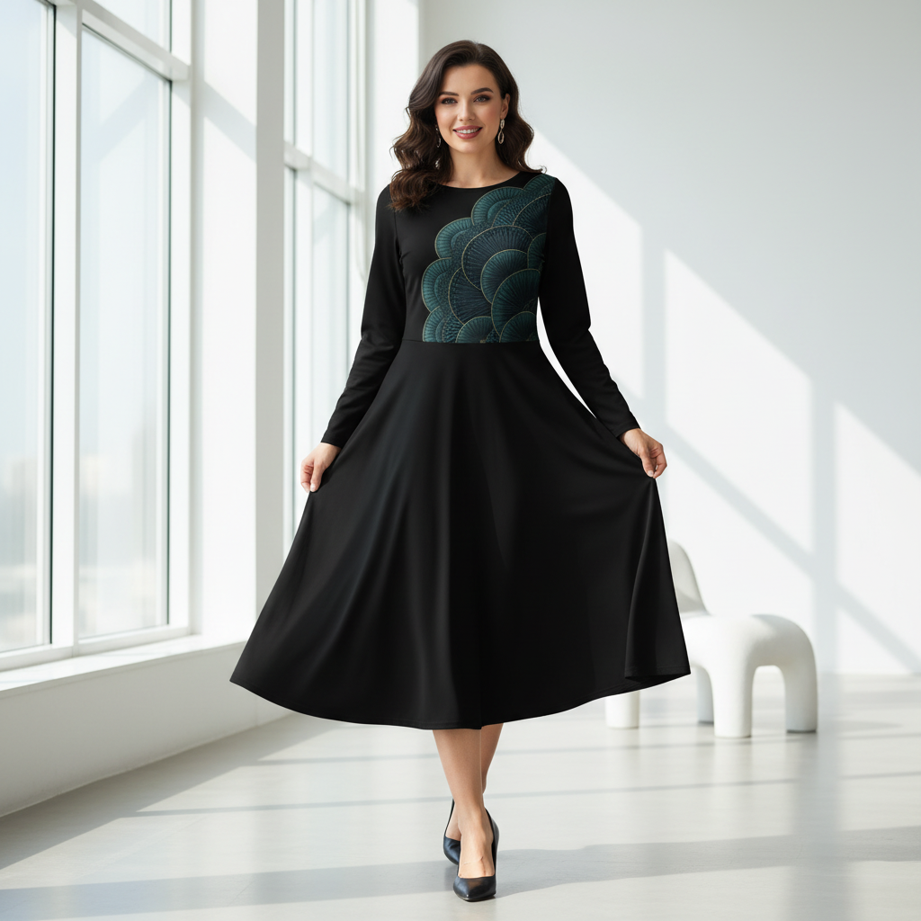 Confident woman wearing black long sleeve midi dress with teal art deco pattern paired with elegant heels in bright modern space