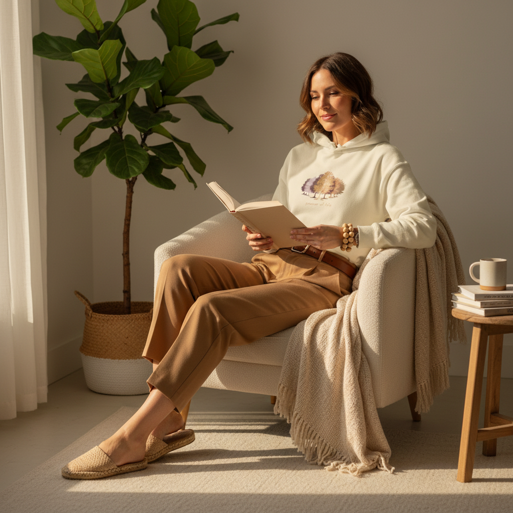 Confident woman wearing sand beige power of life hoodie with earth-tone outfit reading book