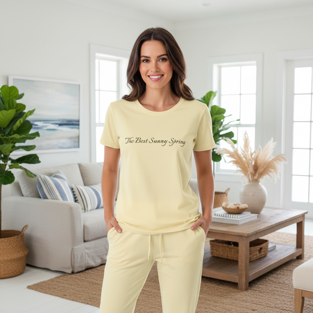 Confident woman wearing yellow t-shirt and yellow track pants in bright coastal living room