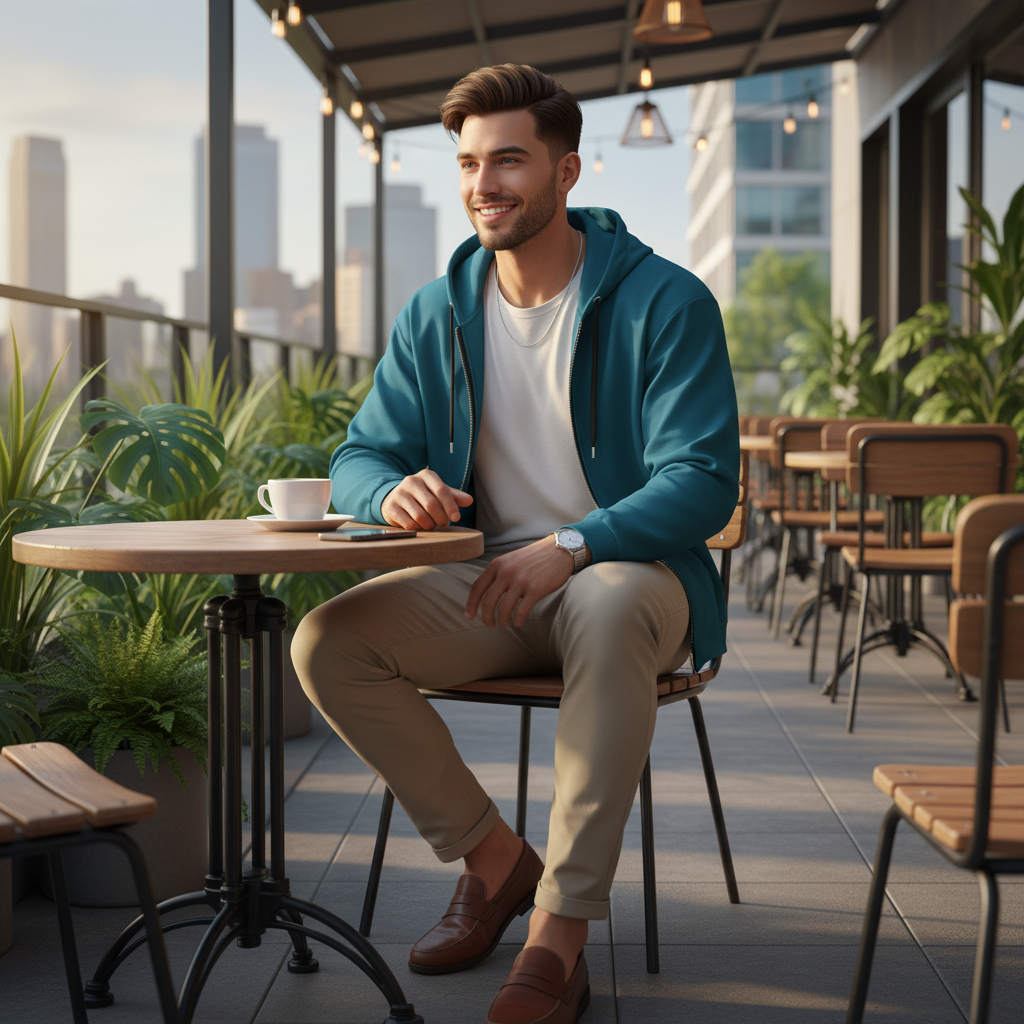 Confident young man in open teal zip hoodie with beige chinos at café