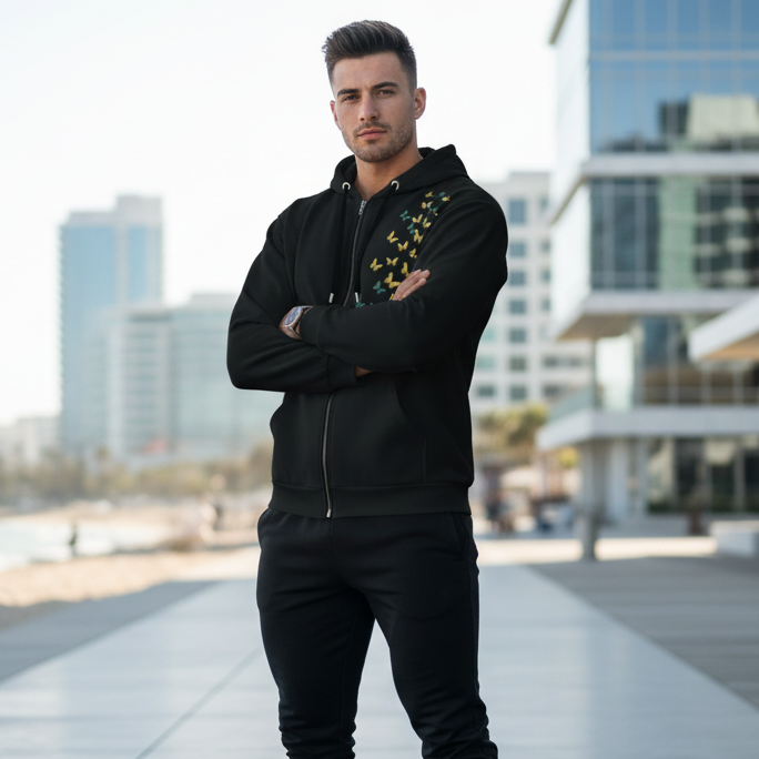 Confident young man wearing butterfly print hoodie with black joggers and white sneakers