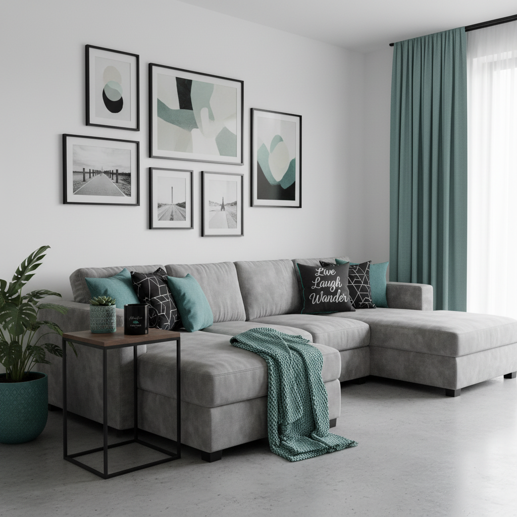 Contemporary living room with grey sofa and teal accents with Adventure Freedom Travel mug