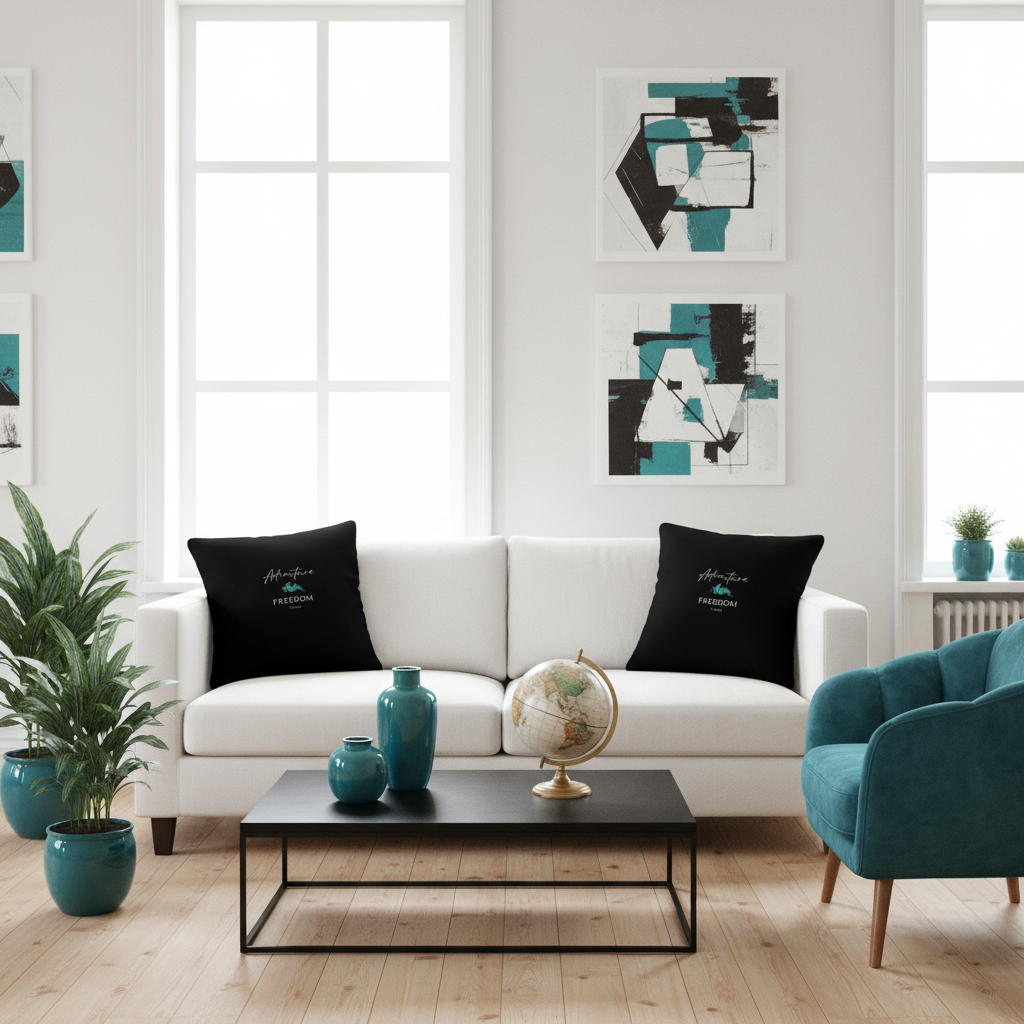 Contemporary living room with white sofa, teal armchair and Adventure Freedom Travel pillows