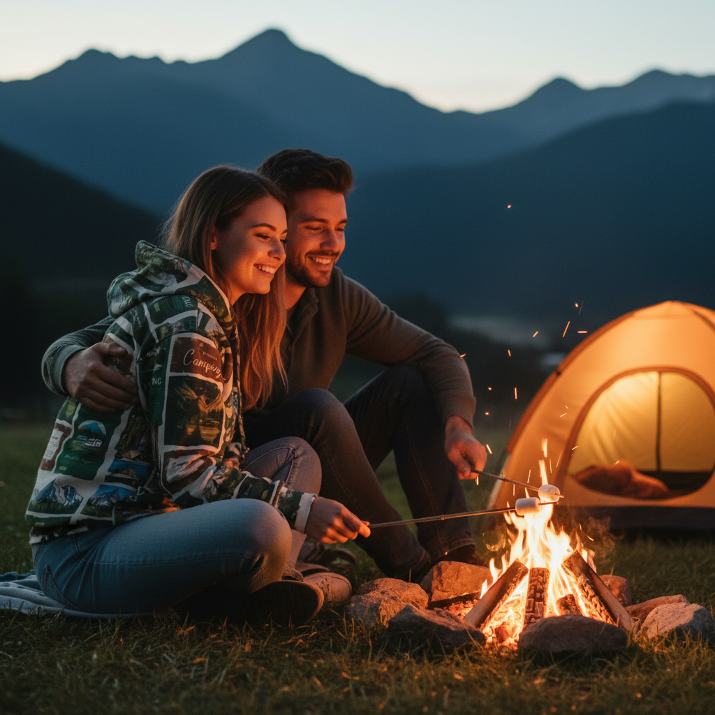 Couple by campfire with hoodie back view visible