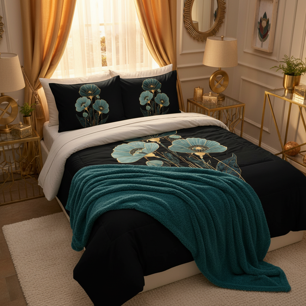 Cozy bedroom from above with black teal gold floral comforter design clearly visible