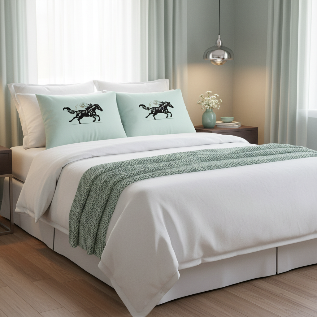 Cozy bedroom with mint green Wild Horse pillows - Serene Fire Horse 2026 bedroom décor for peaceful sleep