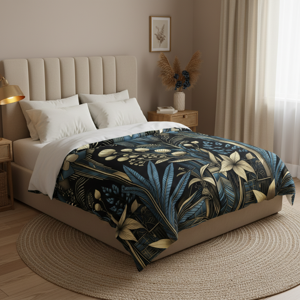 Cozy beige bedroom with botanical duvet cover