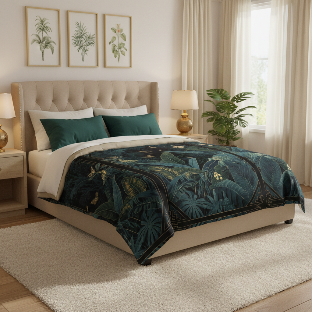 Cozy beige bedroom with emerald tropical butterfly comforter, botanical wall art, and warm lighting