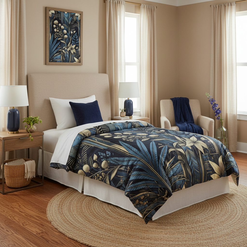 Cozy beige bedroom with twin bed and midnight blue accents
