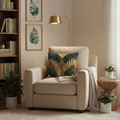 Cozy beige reading nook with art deco pillow and botanical prints