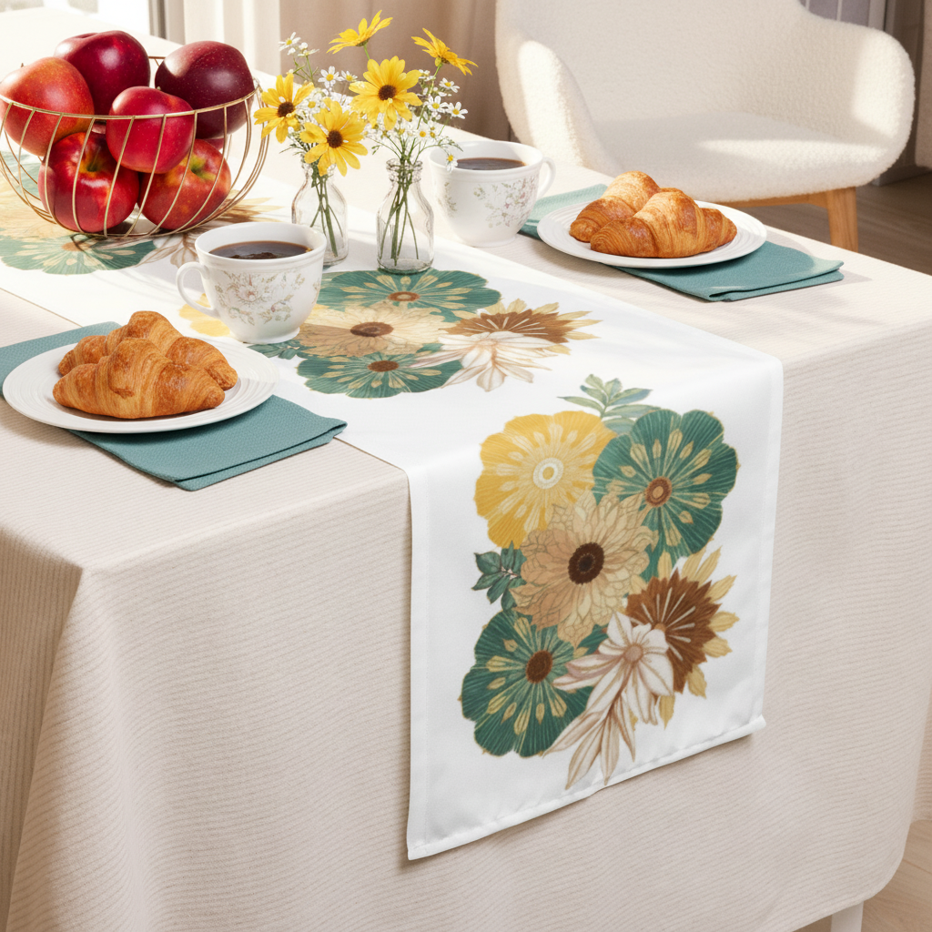 Cozy breakfast table with floral runner and coffee mugs