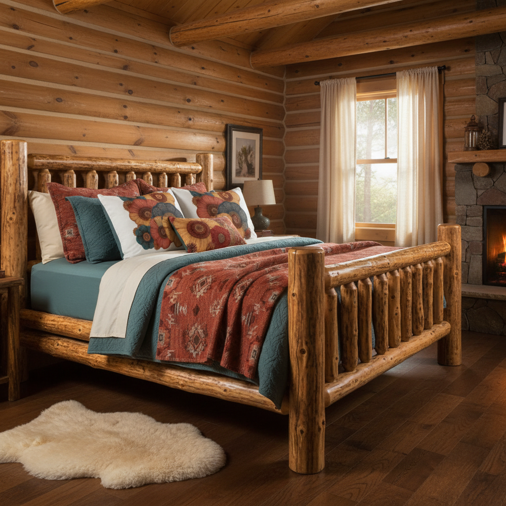 Cozy cabin bedroom with floral pillows