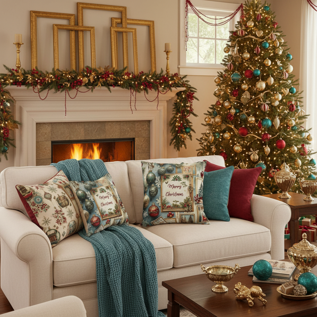 Cozy Christmas living room with vintage ornament pillowcase
