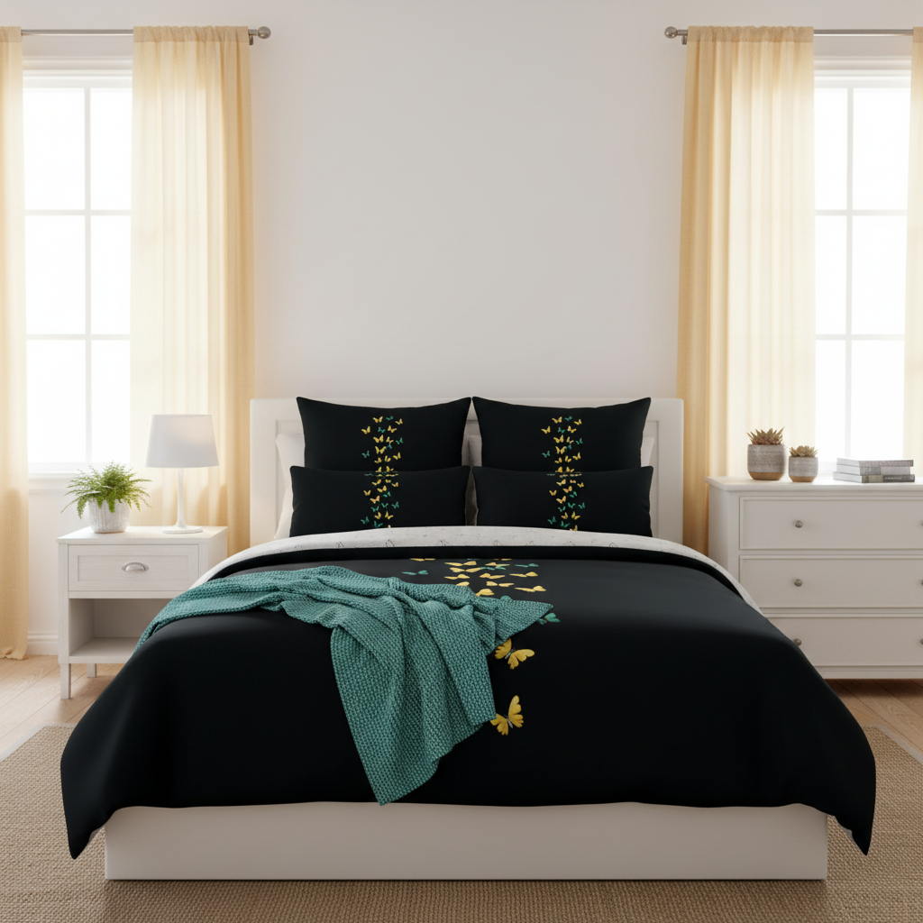 Cozy coastal bedroom with butterfly print bedding and pillows, yellow curtains and teal throw blanket