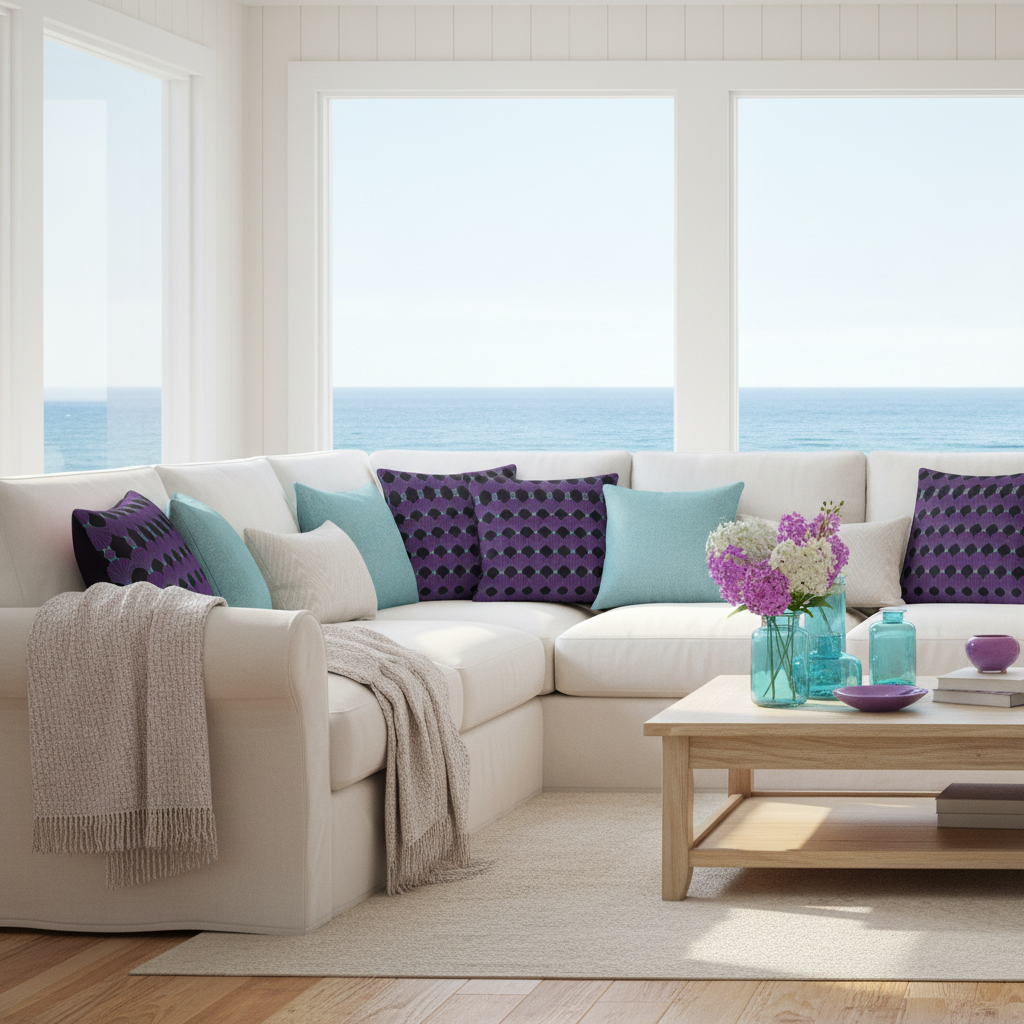 Cozy coastal living room with geometric pillows