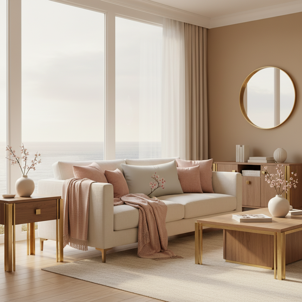 Cozy coastal luxury living room with cherry blossom pillow