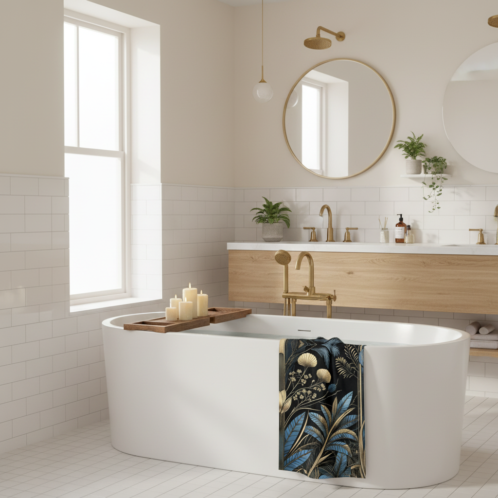 Cozy hygge bathroom with Art Deco towel on white bathtub