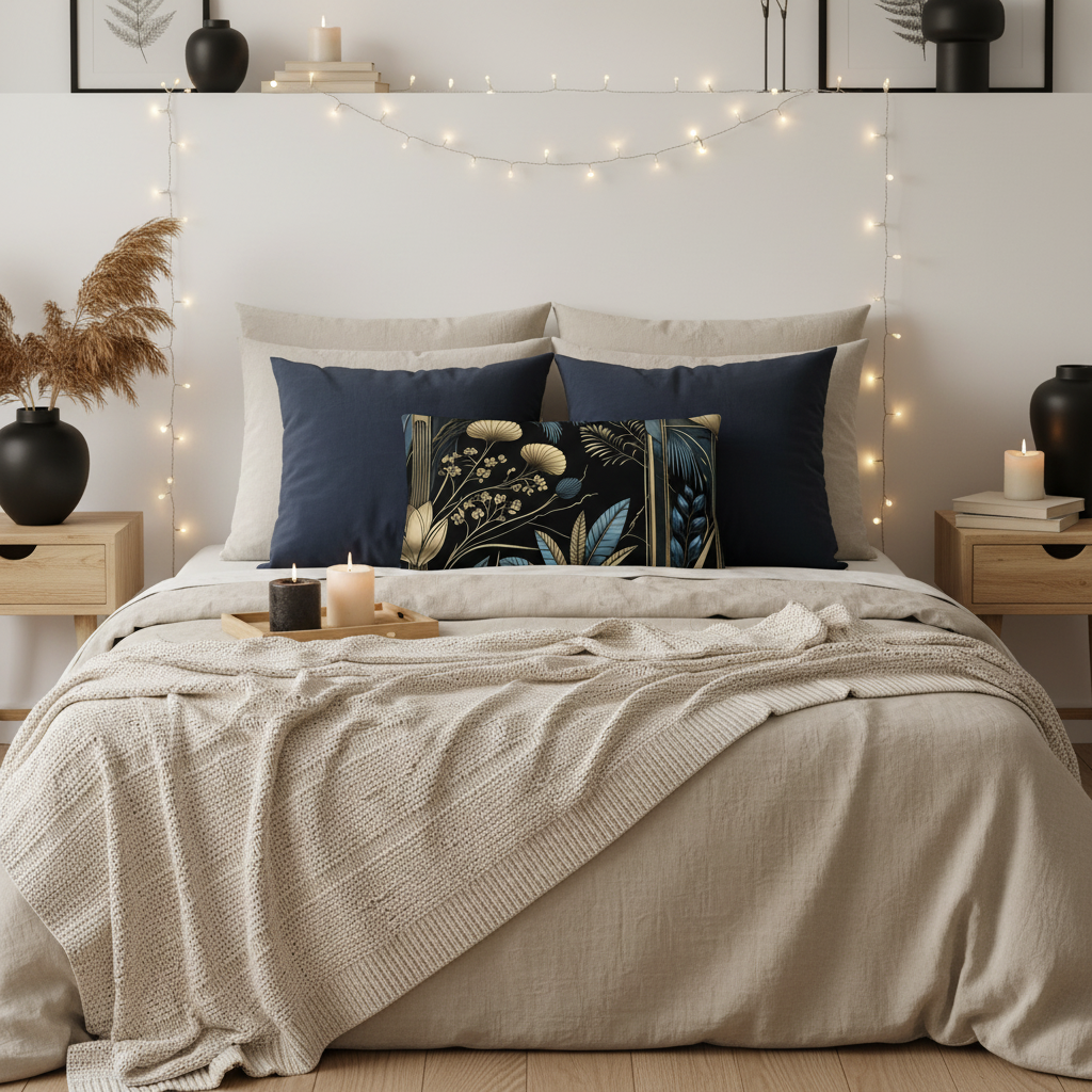 Cozy hygge bedroom with Art Deco pillow and many decorative elements