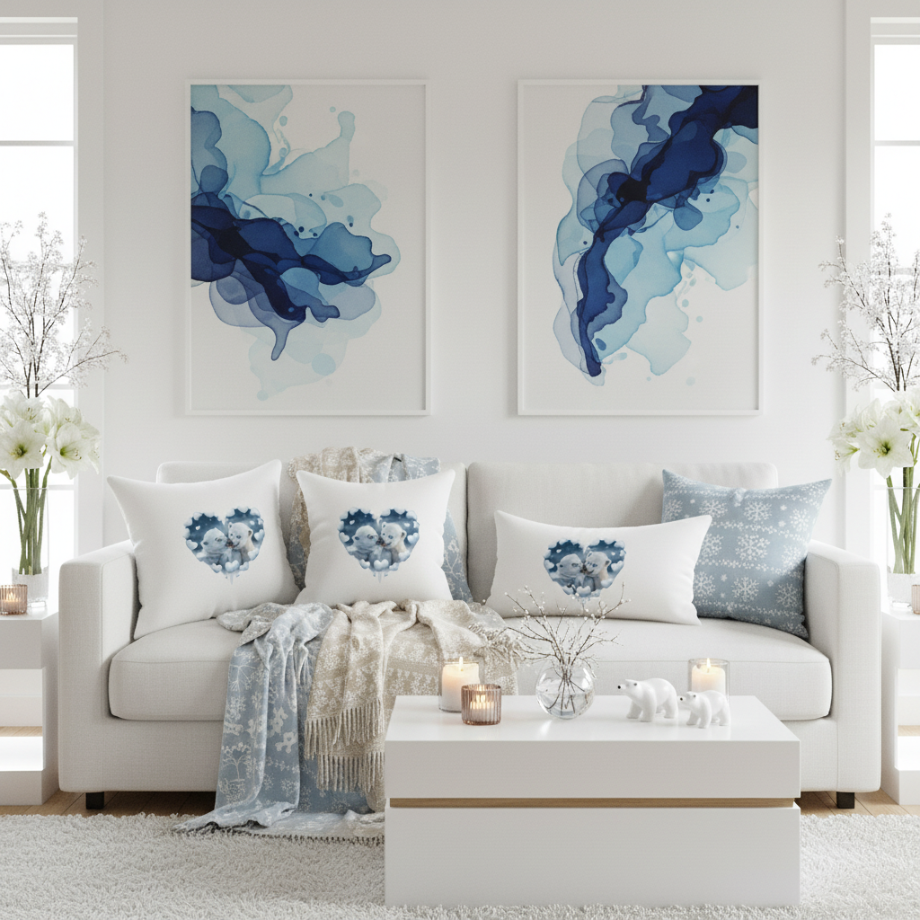 Cozy hygge living room in arctic style with white and blue tones, polar bear heart pillows, blue throws and winter decor