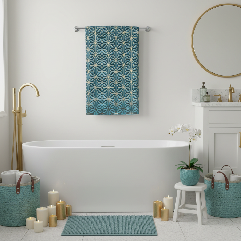 Cozy luxury bathroom with teal and gold towel, freestanding tub, candles and orchid