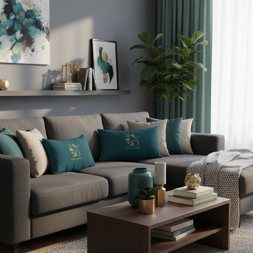 Cozy modern living room with teal Black Panther pillows and coordinated color palette