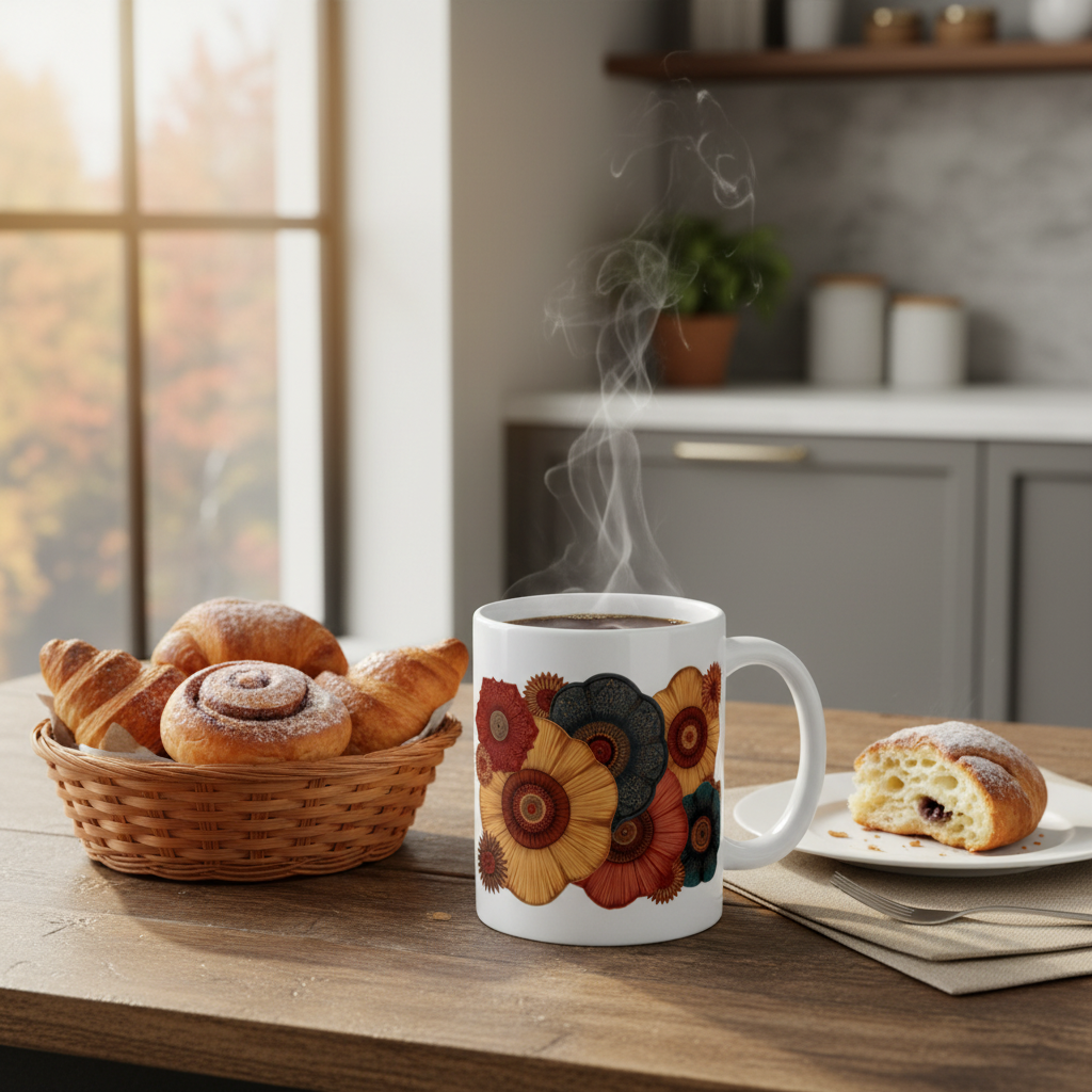 Cozy morning coffee with autumn mug