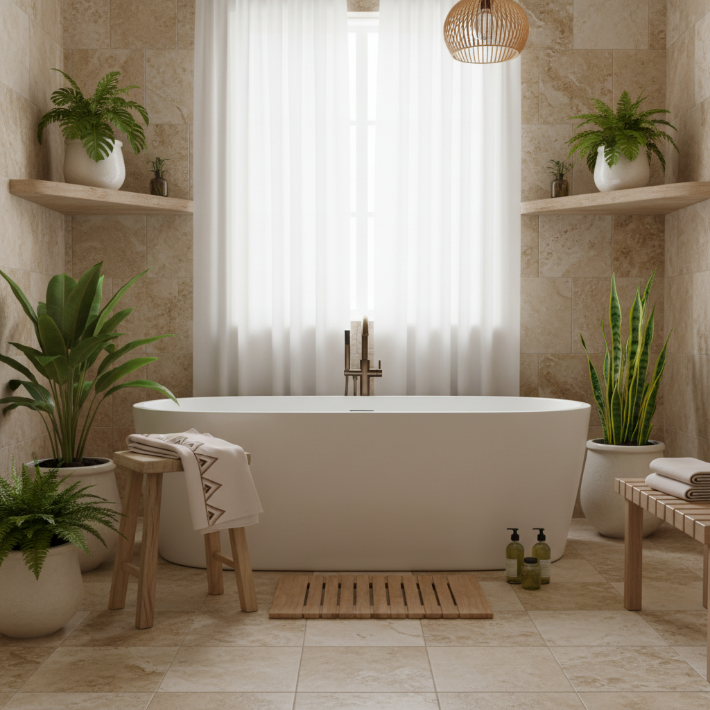 Cozy natural bathroom with beige geometric towel and plants