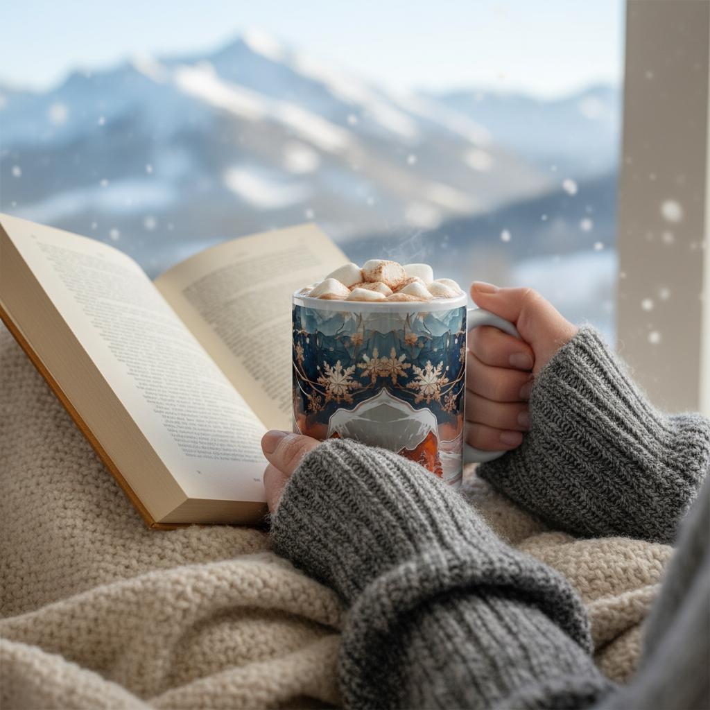Cozy reading moment with Winter Landscape mug