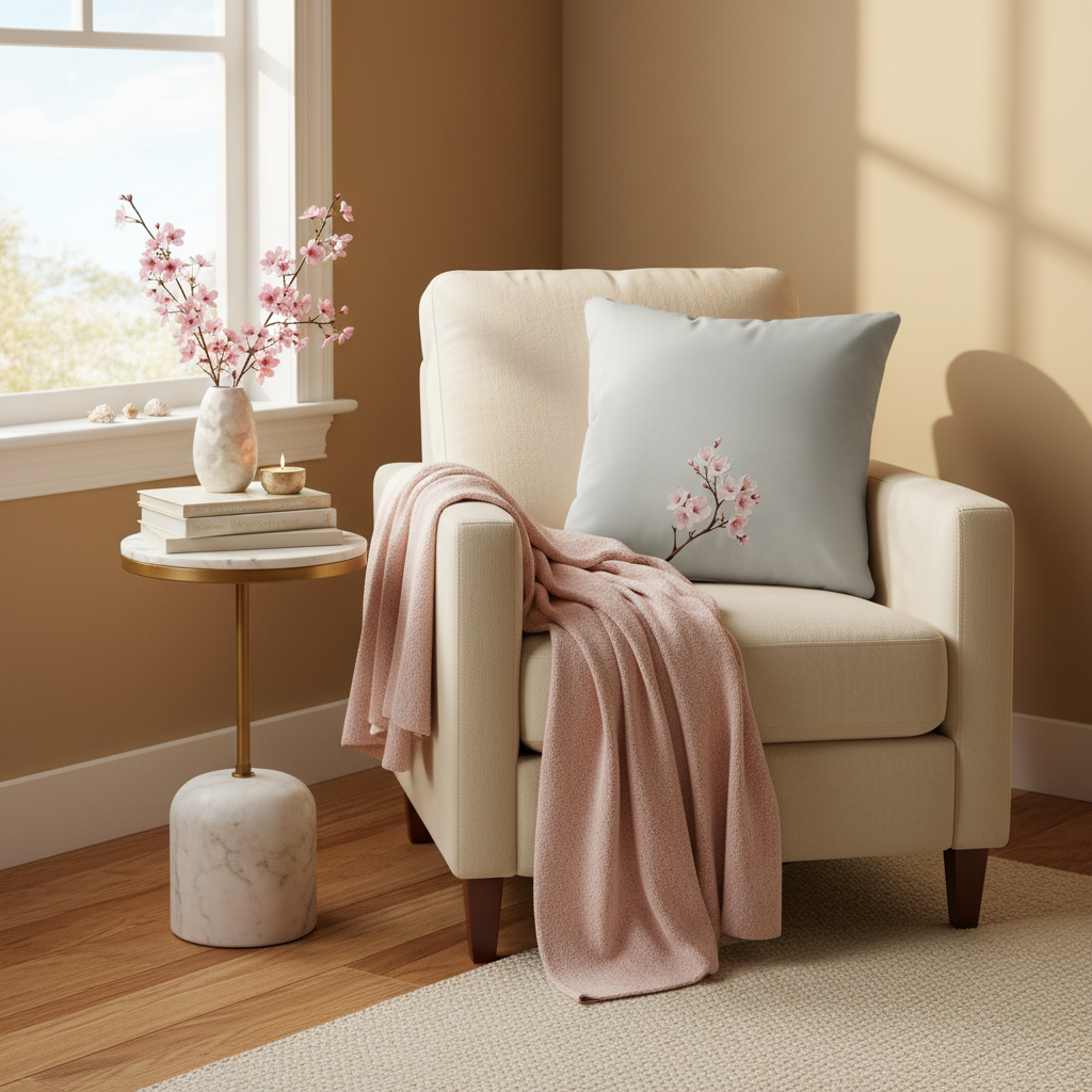 Cozy reading nook with cherry blossom pillow