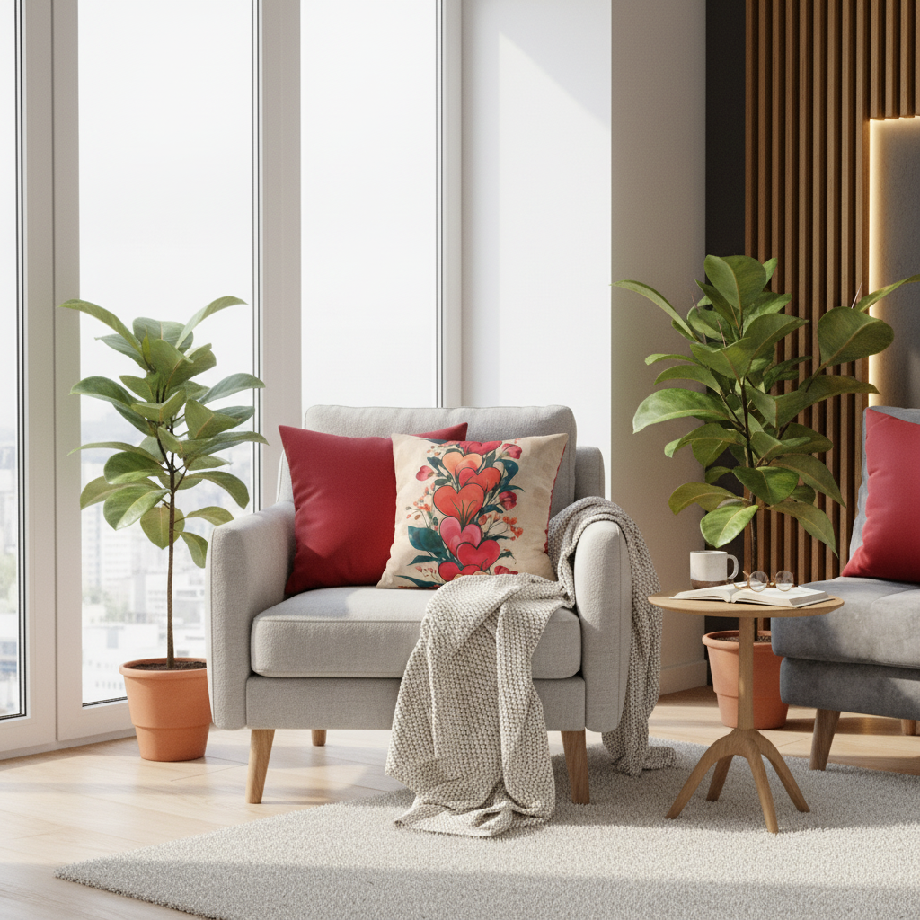 Cozy reading nook with heart and red pillowcases